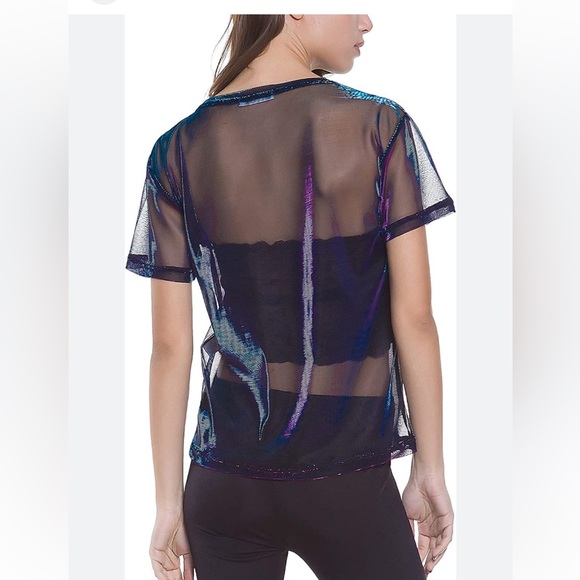 Holographic Mesh Shirt Metallic Shimmer See Through Shiny Top for Women Sz L - Picture 3 of 6